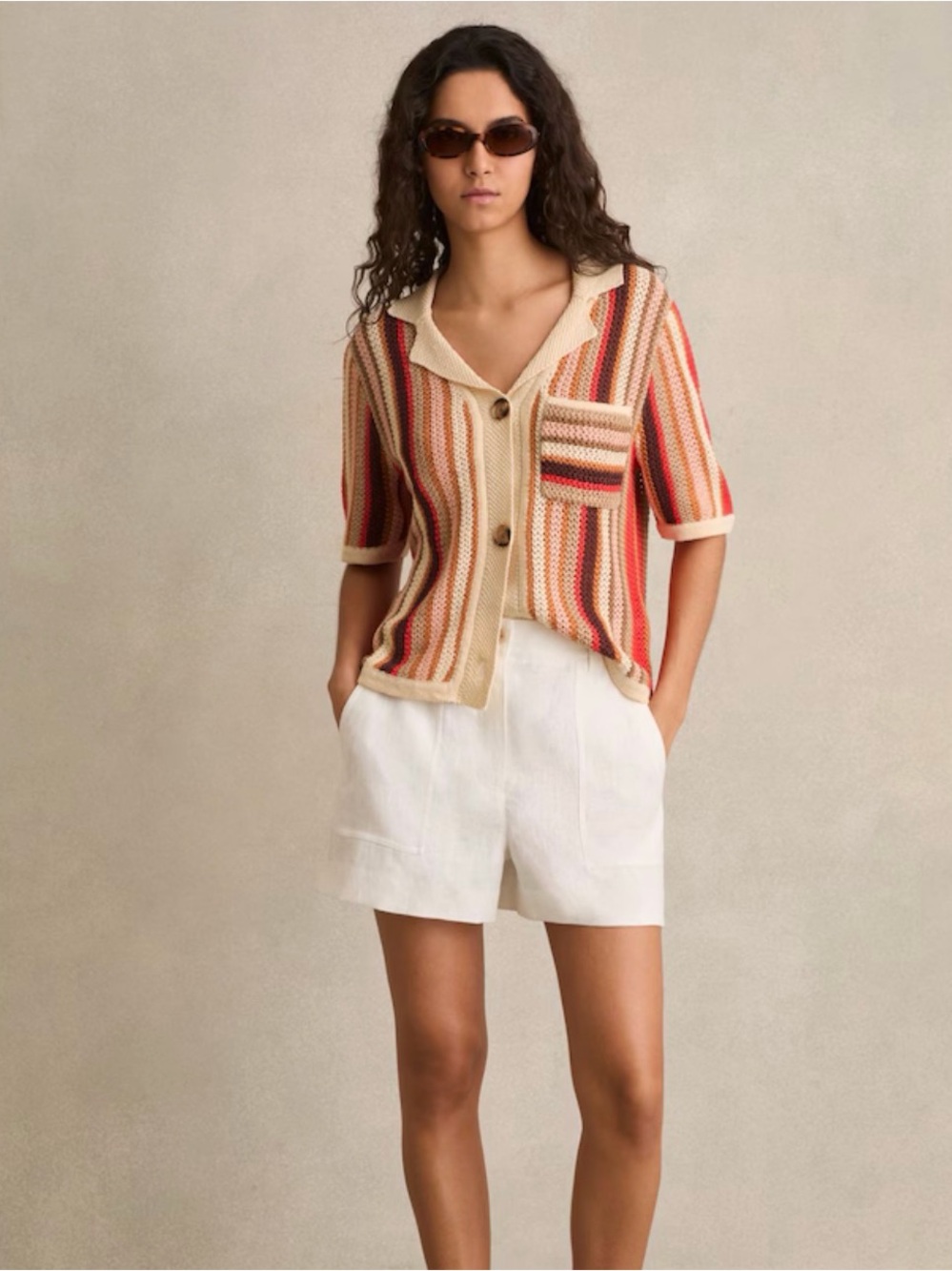 Reiss 100% Linen Striped Knit Button Front Cardigan Shirt Candy Stripe SZ XS